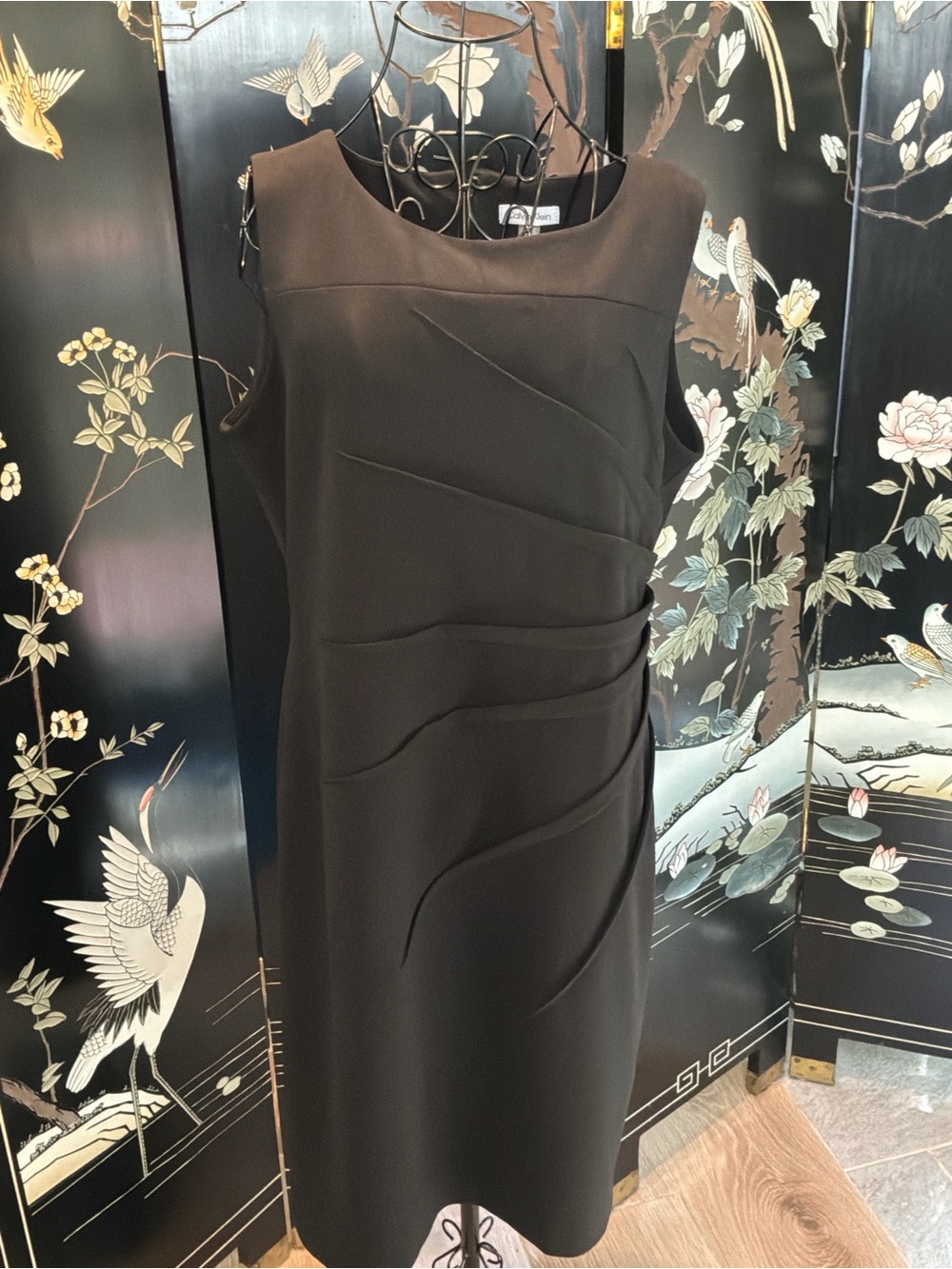 Calvin Klein Black Starburst Side Ruched Sheath Dress Sleeveless LBD 14